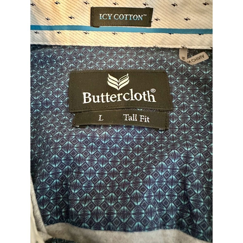 Buttercloth Icy Cotton Men's Short Sleeve Tall L LT Blue Geometric Button-Up - Picture 10 of 10